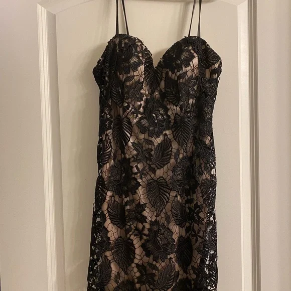 black tan lace dress Small 1960s Lace Dress 2 Piece Tan Rayon Sheath Black Lace Overlay LBD  Swing Bracelet Bell Sleeve